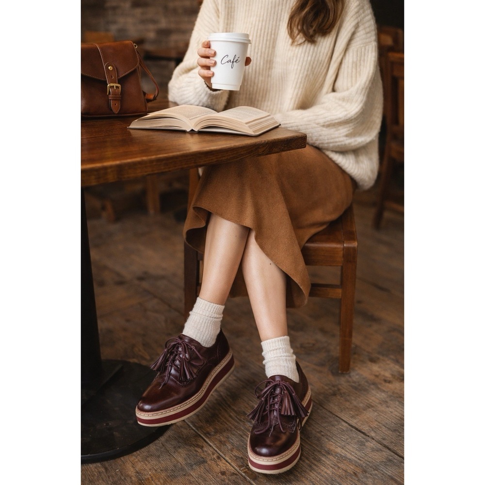 ZARA Basic Collection Burgundy Platform Oxford Shoes Tassel Lace Up Preppy 7.5